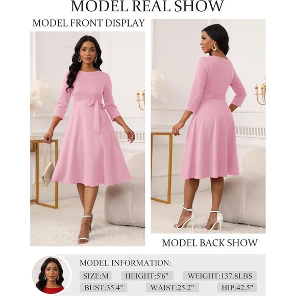 Women's Pink 3/4 Sleeve Vintage Flattering A-line Vintage Cocktail Dresses - Picture 3 of 5